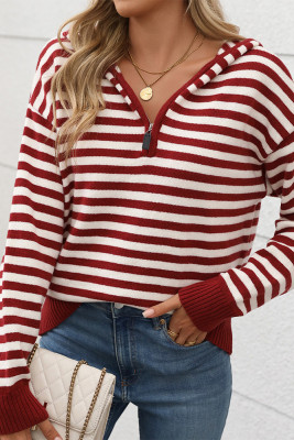 Red Stripes Zipper Hooded Sweater