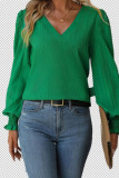 Green V Neck Puff Sleeves Top