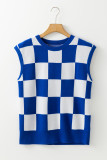 Dark Blue Checkerboard Round Neck Sweater Vest