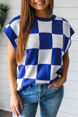 Dark Blue Checkerboard Round Neck Sweater Vest