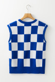 Dark Blue Checkerboard Round Neck Sweater Vest