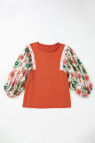 Desert Gold Floral Puff Sleeve Patchwork Round Neck Blouse