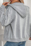Grey Hooded Zipper Rivet Sweatshirt Coat