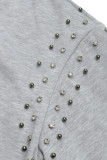 Grey Hooded Zipper Rivet Sweatshirt Coat