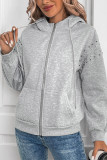 Grey Hooded Zipper Rivet Sweatshirt Coat