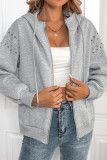 Grey Hooded Zipper Rivet Sweatshirt Coat