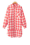 Pink Oversized Plaid Puff Sleeve Round Hem Shirt Dress