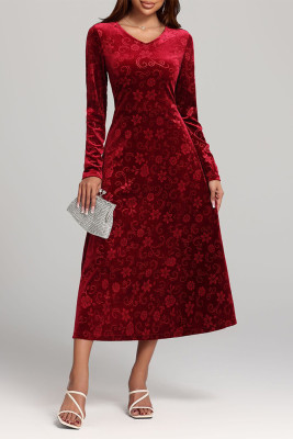 Wine Red Floral Pattern Velvet Midi Dress
