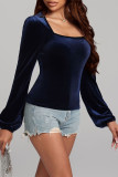 Navy Square Neck Velvet Puff Sleeves Top