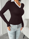 Turndown Collar V Neck Long Sleeves Top
