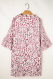 Pink Paisley Print Tiered 3/4 Sleeve Notched Neck Mini Dress