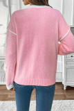 Flower Patched Pink V Neck Knitting Sweater