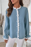 Blue Bubble Sleeves Crochet Shirt