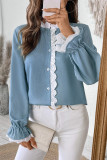Blue Bubble Sleeves Crochet Shirt