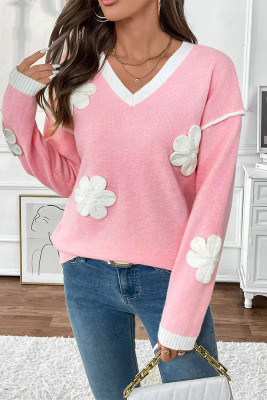 Flower Patched Pink V Neck Knitting Sweater