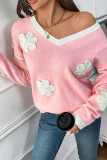 Flower Patched Pink V Neck Knitting Sweater