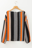 Orange Polka Dot Vertical Striped Printed Puff Sleeve Blouse
