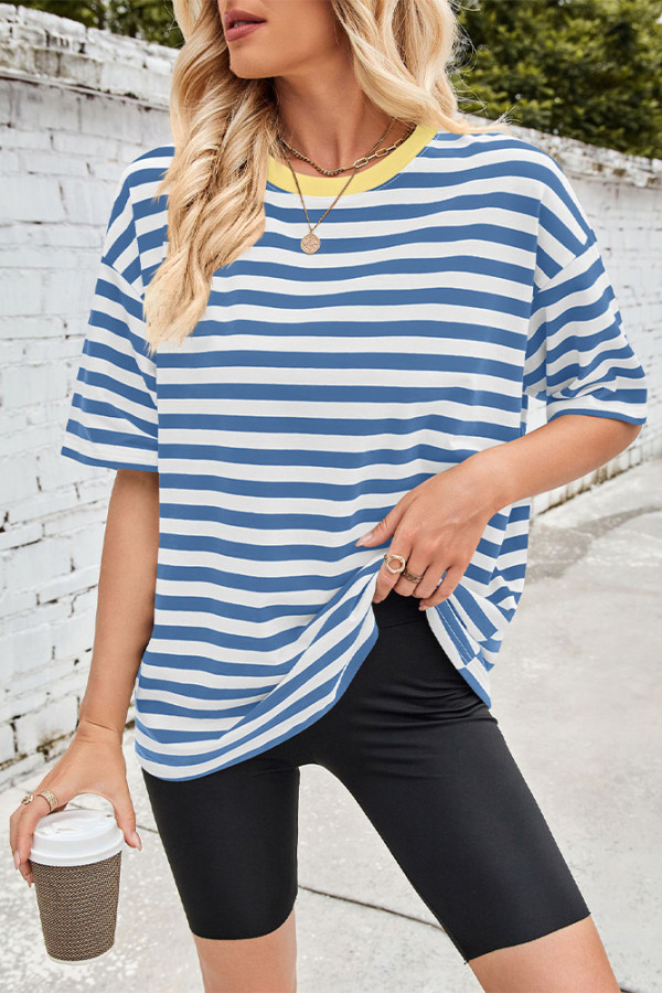 Colorblock Stripes Crew Neck Short Sleeves Top