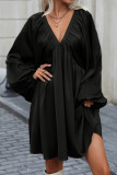 Black V Neck Lantern Sleeves Ruffle Dress