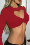 Red Long Sleeves Heart Pattern Crop Top