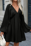 Black V Neck Lantern Sleeves Ruffle Dress