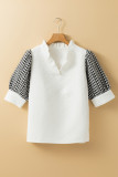 White Geometric Textured Short Sleeve Frilly V Neck Blouse