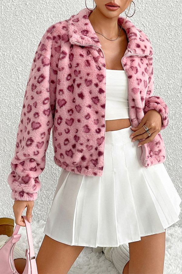 Pink Heart Leopard Fleece Coat