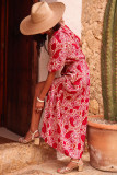 Red Paisley Print Side Slit Puff Sleeve High Waist Maxi Dress