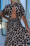 Khaki Leopard V Neck Cinched High Waist Open Back Maxi Dress