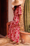 Red Paisley Print Side Slit Puff Sleeve High Waist Maxi Dress