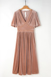 Chestnut Velvet Lacy V Neckline Short Sleeve Empire Waist Flowy Maxi Dress
