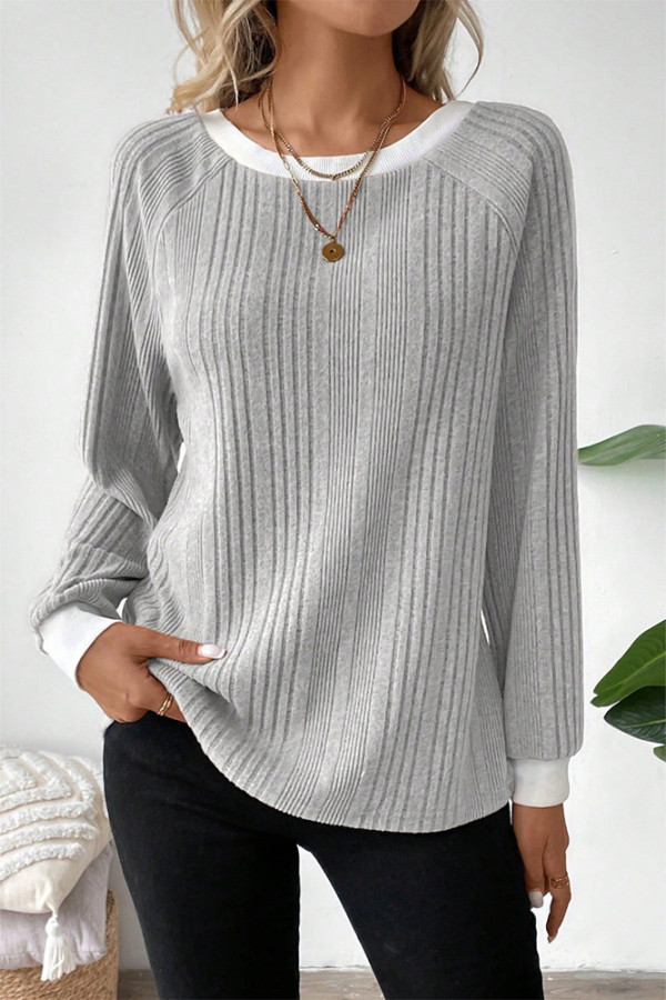 Plain Crew Neck Ribbed Knitting Top