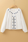 White Geometric Embroidered Long Sleeve Buttoned Blouse