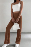 Brown High Waist Ribbed Knitting Straight Pants