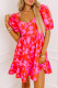 Red Floral Bubble Sleeve Sweetheart Neck Ruffled Mini Dress