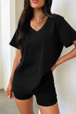 Solid Color V Neck Two Pieces Short Set