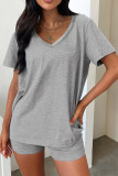 Solid Color V Neck Two Pieces Short Set
