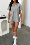 Solid Color V Neck Two Pieces Short Set