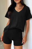 Solid Color V Neck Two Pieces Short Set
