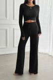 Black Long Sleeves Crop Top and Pants Set