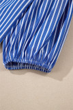 Blue Stripe Tied Front Puff Short Sleeve Blouse