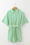 Green Stripe Textured Short Sleeve Collared Buttoned Waist Tie Romper