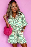 Green Stripe Textured Short Sleeve Collared Buttoned Waist Tie Romper