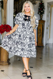 Black Floral Print Bow Detail Puff Sleeve Plus Size Midi Dress