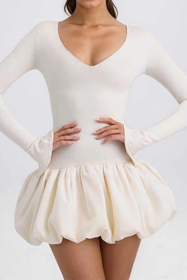 V Neck Long Sleeves Ruffle Dress