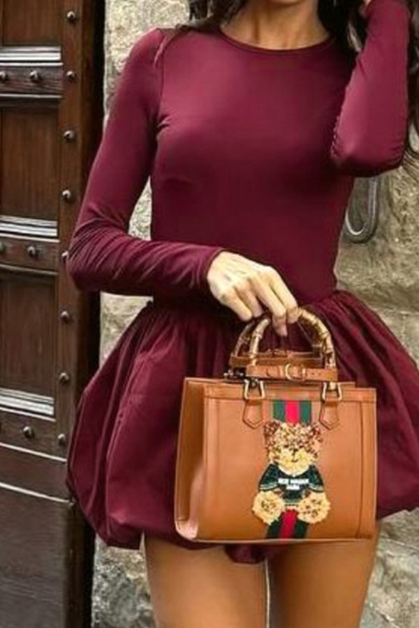 Wine Red Long Sleeves Ruffle Dress