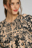 Black Floral Shirred Yoke Bracelet Sleeve Split Neck Boho Blouse