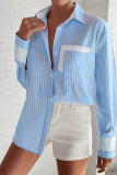 Sky Blue Stripe Contrast Patch Pocket Cuffed Sleeve Casual Shirt
