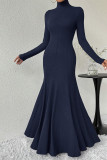 Navy Ruffle Long Sleeves Maxi Dress