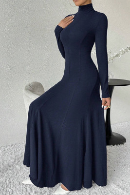 Navy Ruffle Long Sleeves Maxi Dress